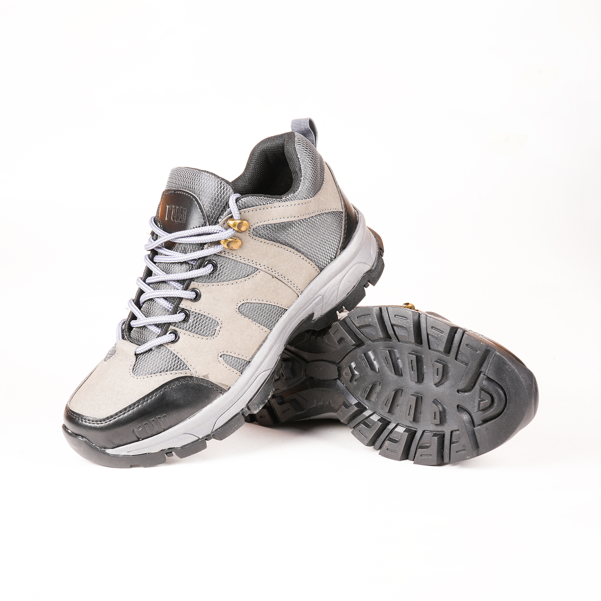 Run Shoes Grey & Black Lace-up Hiking Boots for Men (2282) – Durable and comfortable hiking boots with a rugged sole, breathable mesh, and secure lace-up design, perfect for outdoor adventures.